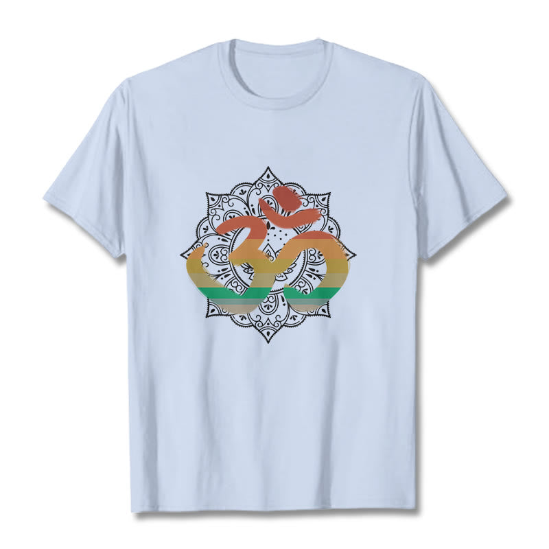 Foviel Gradient-farbige Om Sanskrit Mandala Hintergrund Muster Baumwolle Tee T-Shirt
