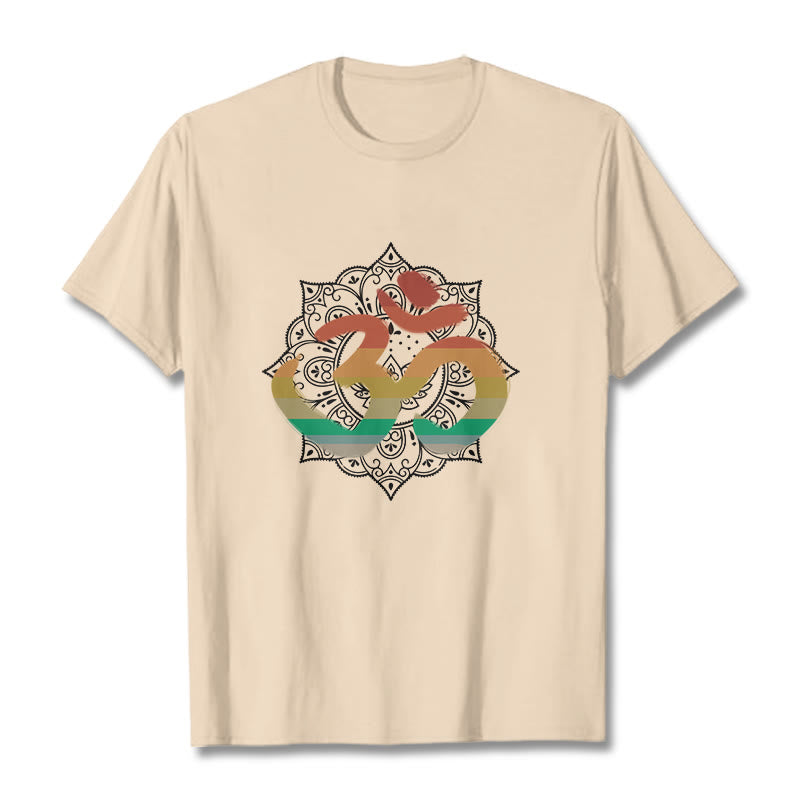 Foviel Gradient-farbige Om Sanskrit Mandala Hintergrund Muster Baumwolle Tee T-Shirt