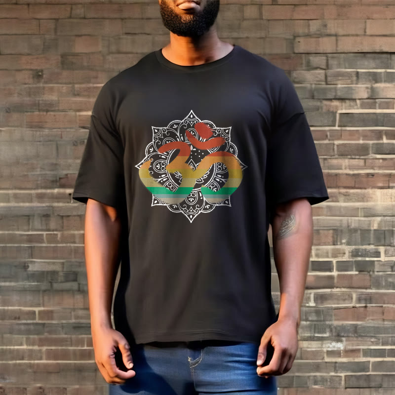 Foviel Gradient-farbige Om Sanskrit Mandala Hintergrund Muster Baumwolle Tee T-Shirt