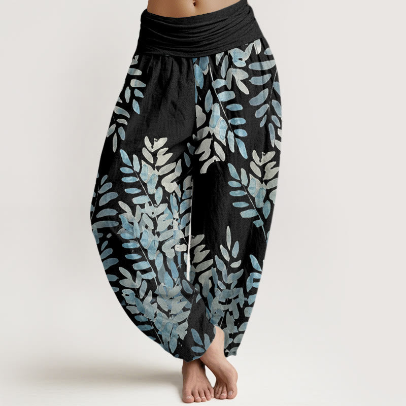 Buddha Stones Cotton Casual Plant Interlaced Leaves Pattern Women's Elastic Waist Harem Pants - Black - US22,UK/AU26,EU54 (6XL) - image 0