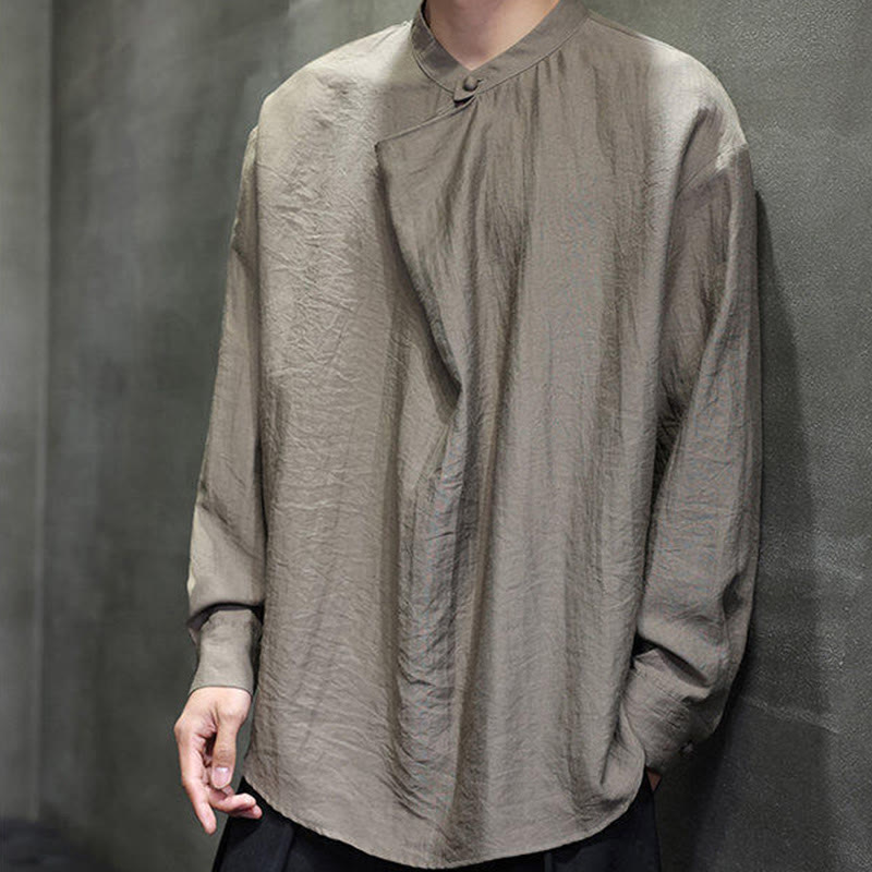 Chemise à manches longues en lin pour homme Foviel, style Tang, col montant plissé, couleur unie, collection printemps
