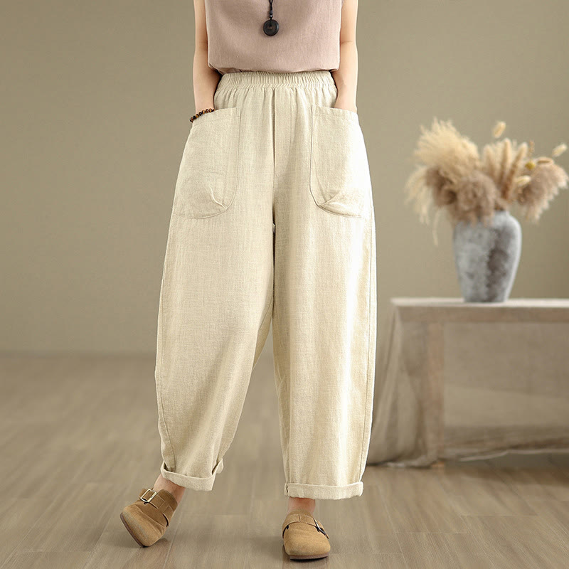 Buddha Stones Casual Daily Plain Simple Design Women's Cotton Linen Harem Pants With Pockets - Beige - US8-10,UK/AU12-14,EU40-42 (2XL) - image 0