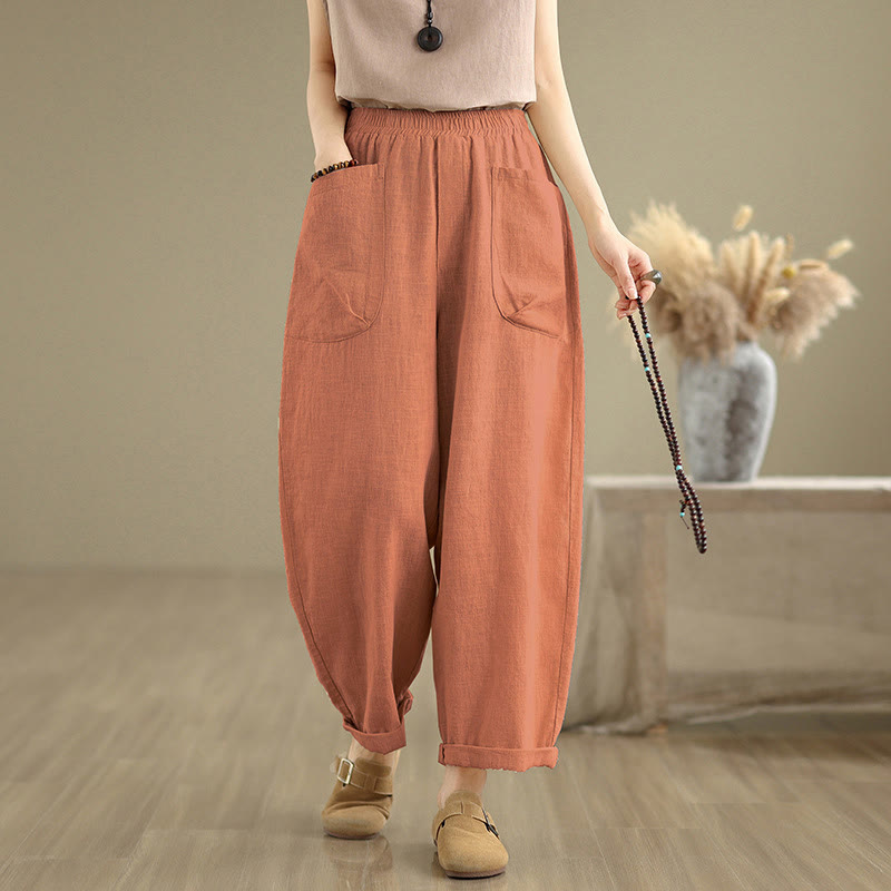 Buddha Stones Casual Daily Plain Simple Design Women's Cotton Linen Harem Pants With Pockets - DarkOrange - US8-10,UK/AU12-14,EU40-42 (2XL) - image 15