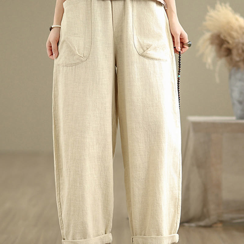 Buddha Stones Casual Daily Plain Simple Design Women's Cotton Linen Harem Pants With Pockets - image 3
