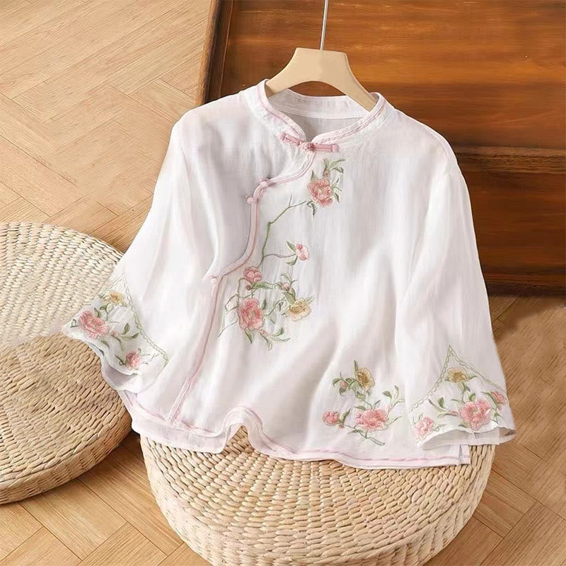 Buddha Stones Casual Vintage Embroidery Flower Pattern Chinese Frog-Button Crew Neck Design Women's Cotton Linen Shirt - White - US12,UK/AU16,EU44 (3XL) - image 2