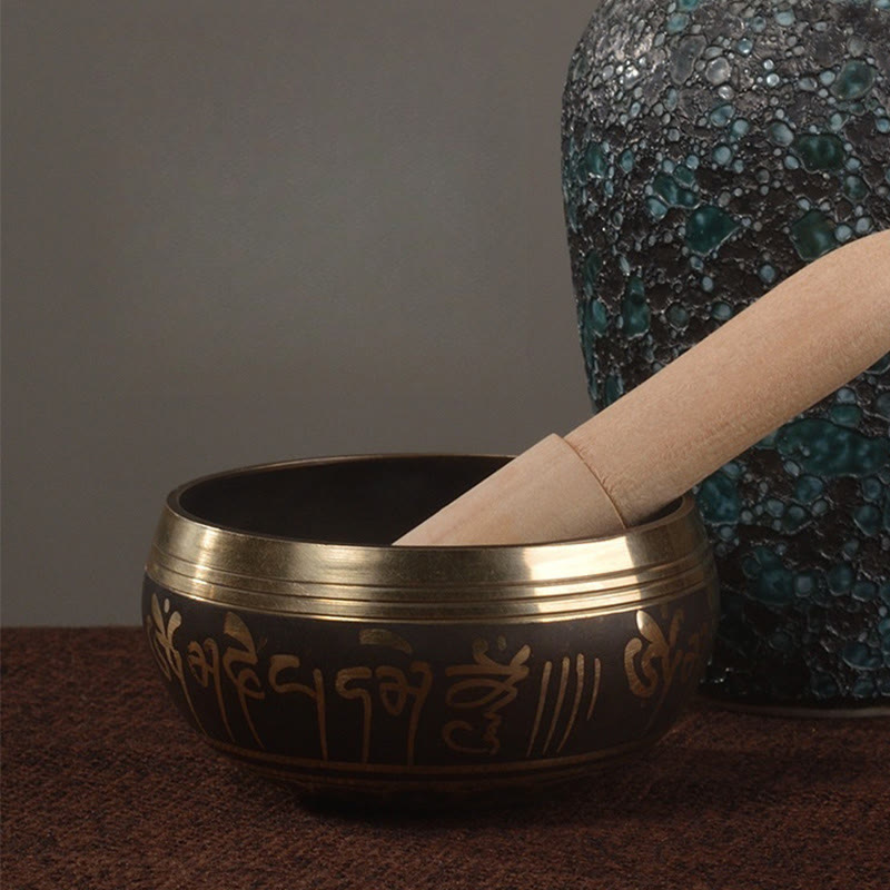 Bol chantant artisanal Foviel avec motif d'écritures et yeux de Bouddha, ensemble de bol sonore pour la méditation et la guérison