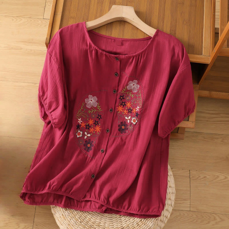 Buddha Stones Vintage Asymmetrical Embroidery Flower Plant Pattern Women's Cotton Linen Short Sleeve Jacket Shirt - Crimson - US14,UK/AU18,EU46 (2XL) - image 7