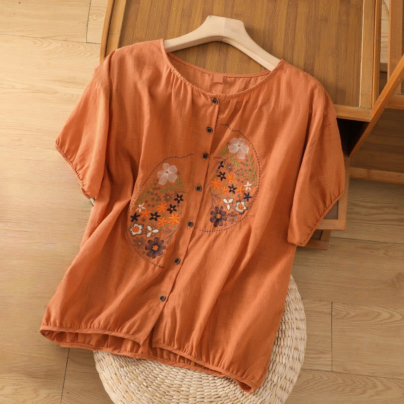 Buddha Stones Vintage Asymmetrical Embroidery Flower Plant Pattern Women's Cotton Linen Short Sleeve Jacket Shirt - DarkOrange - US14,UK/AU18,EU46 (2XL) - image 15