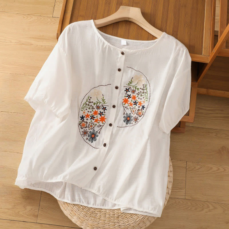 Buddha Stones Vintage Asymmetrical Embroidery Flower Plant Pattern Women's Cotton Linen Short Sleeve Jacket Shirt - White - US14,UK/AU18,EU46 (2XL) - image 22