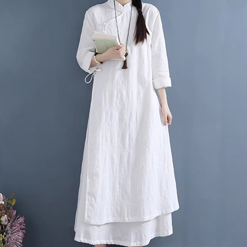 Foviel Frühling Casual Plain Frog-Button Design Seite Schnürung Midi Kleid