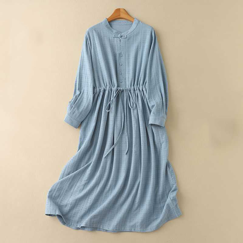 Buddha Stones Retro Solid Color Drawstring Frog-Button Design Long Sleeve Cotton Linen Midi Dress With Pockets - CornflowerBlue - US8-10,UK/AU12-14,EU40-42 (2XL) - image 0