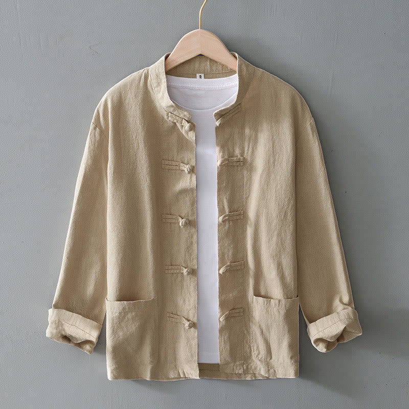 Buddha Stones Frog-Button Chinese Tang Suit Cotton Linen Men Shirt With Pockets - Beige - US/UK/AU50,EU60 (5XL) - image 23