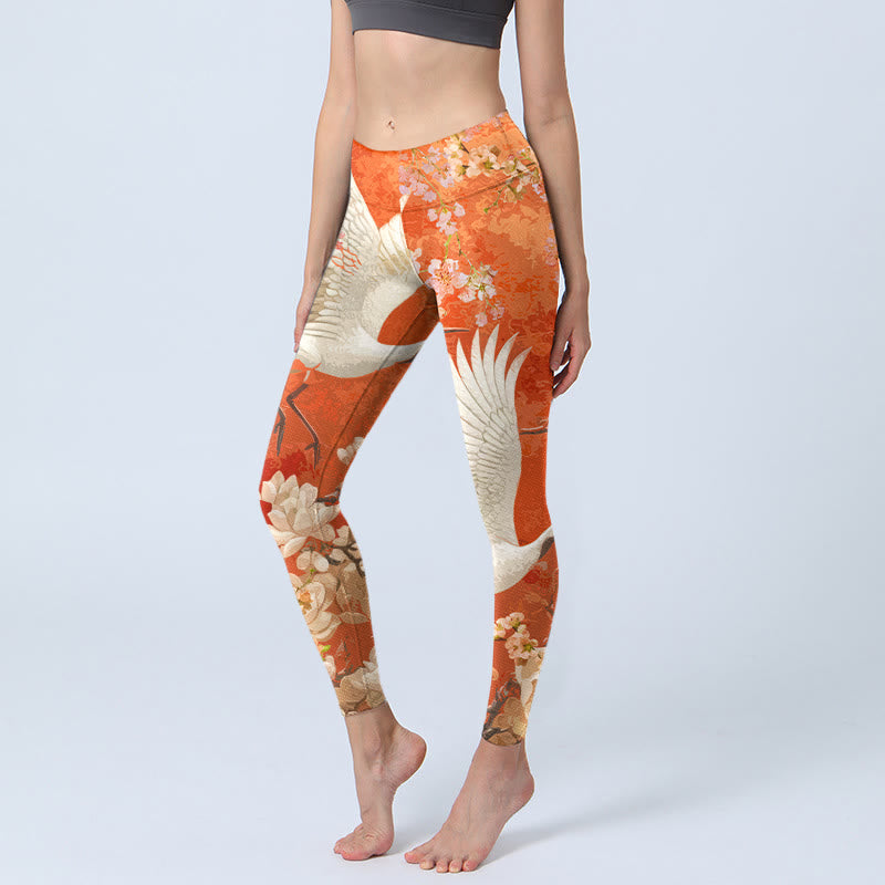 Buddha Stones Red-Crowned Crane Cherry Blossom Lotus Flower Pattern Print Gym Leggings Women's Yoga Pants - OrangeRed - US18,UK/AU22,EU50 (4XL) - image 0