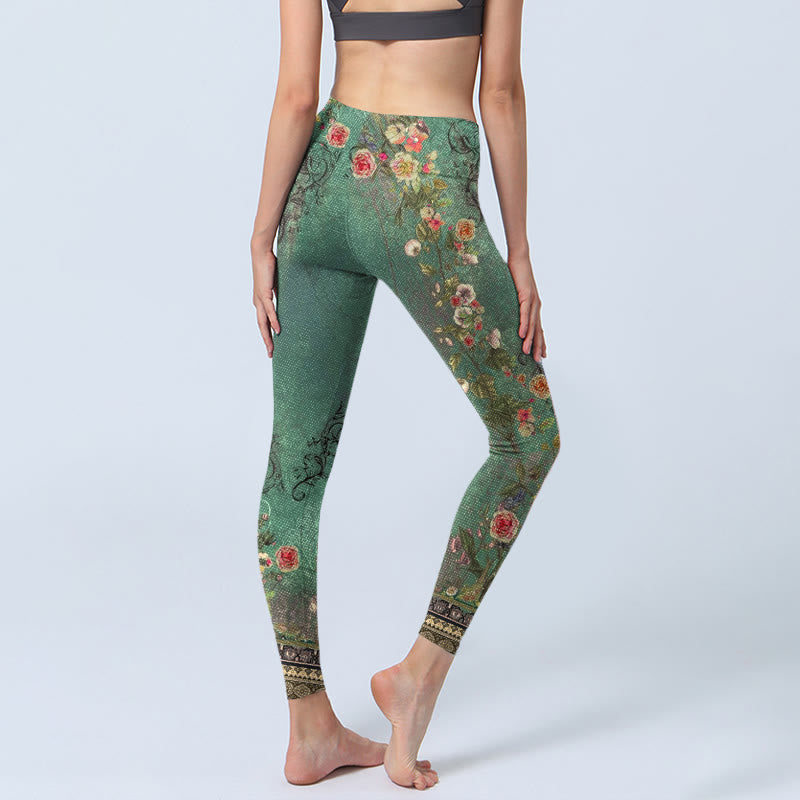 Buddha Stones Vintage Floral Garland Lace Damask Pattern Print Gym Leggings Women's Yoga Pants - image 4