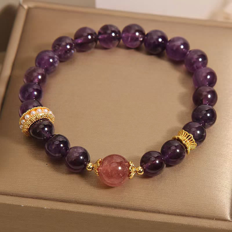 Foviel Natürliche Amethyst Glückliche Erdbeerquarz Perlen Frieden Armband