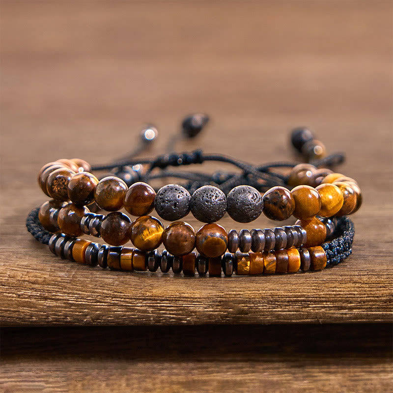 Heute GRATIS: Schutz und Stärke 3-teilig Tigerauge Lava Rock Armband Set