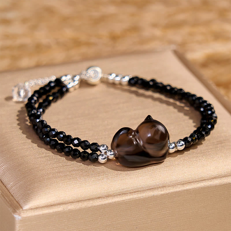 Bracelet double épaisseur Foviel en obsidienne noire, spinelle et chat couché Courage