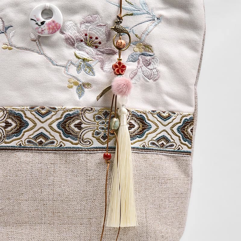 Foviel Magnolia Stickerei Leinwand Polyester Schultertasche