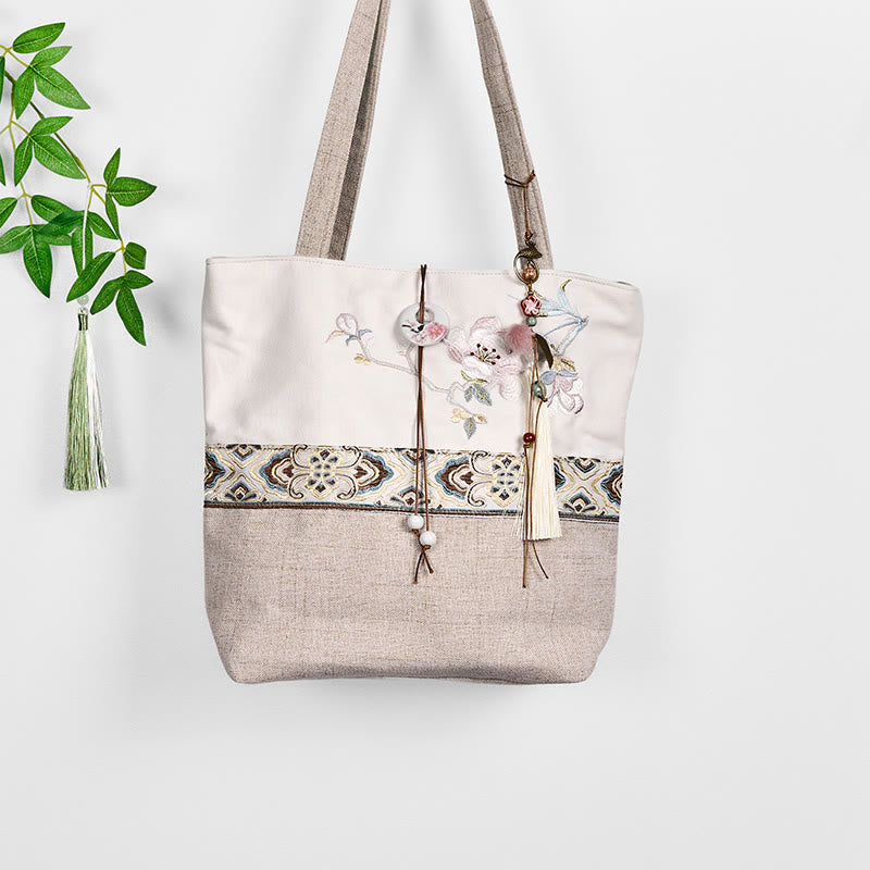 Foviel Magnolia Stickerei Leinwand Polyester Schultertasche