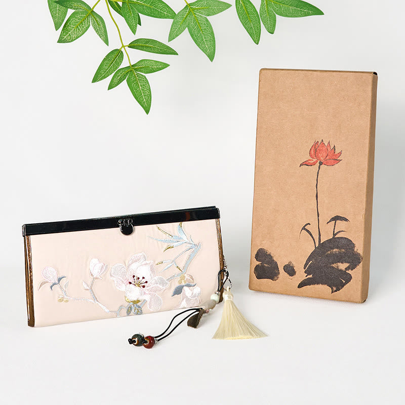 Porte-monnaie Foviel à grande capacité avec broderie double face fleur de magnolia
