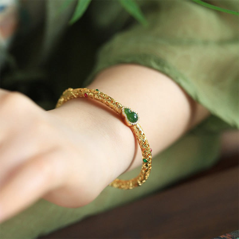 Foviel Cyan Jade Copper Plated Gold Auspicious Clouds Gourd Luck Bracelet Bangle