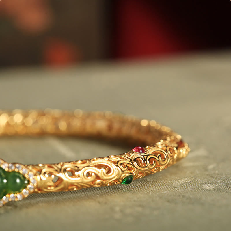 Foviel Cyan Jade Copper Plated Gold Auspicious Clouds Gourd Luck Bracelet Bangle