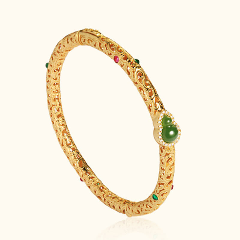 Foviel Cyan Jade Copper Plated Gold Auspicious Clouds Gourd Luck Bracelet Bangle