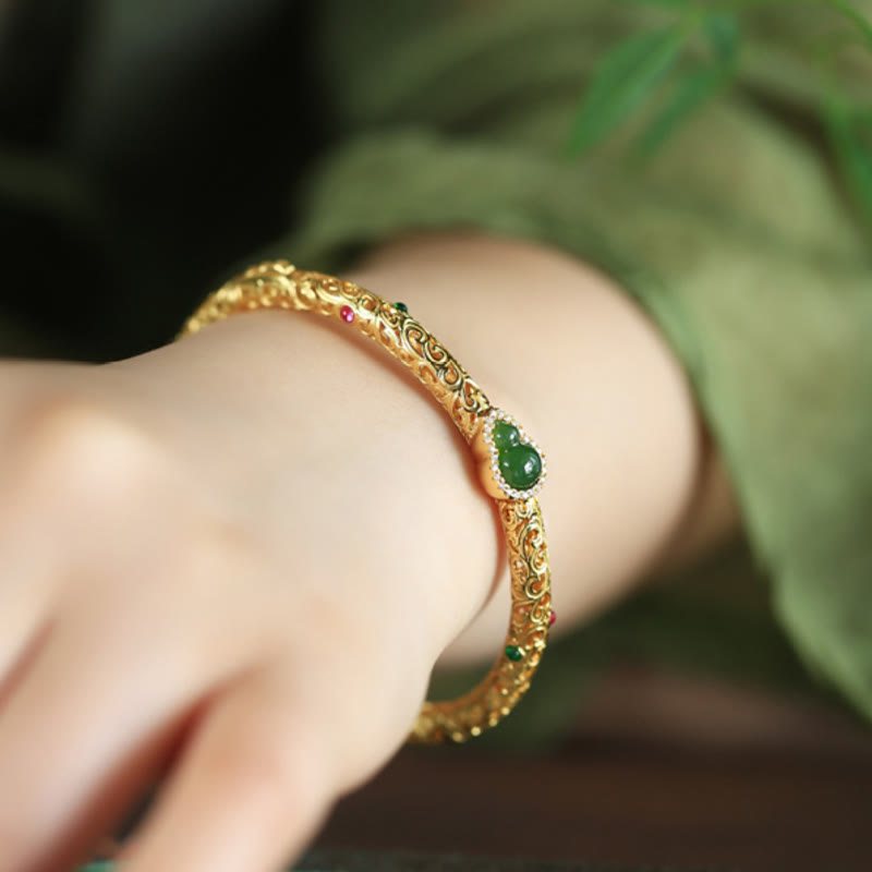 Foviel Cyan Jade Copper Plated Gold Auspicious Clouds Gourd Luck Bracelet Bangle