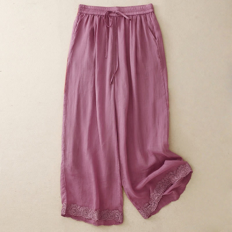 Buddha Stones Causal Vintage Plain Drawstring Lace Patchwork Design Women's Wide Leg Cotton Elastic Waistband Pants With Pockets - PaleVioletRed - US8-10,UK/AU12-14,EU40-42 (2XL) - image 6