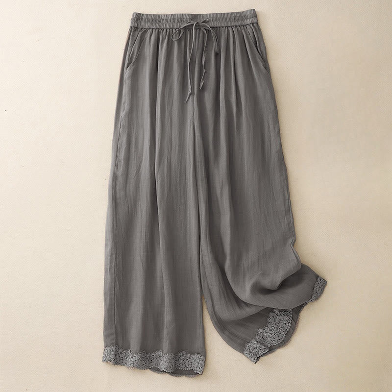 Buddha Stones Causal Vintage Plain Drawstring Lace Patchwork Design Women's Wide Leg Cotton Elastic Waistband Pants With Pockets - SlateGray - US8-10,UK/AU12-14,EU40-42 (2XL) - image 3