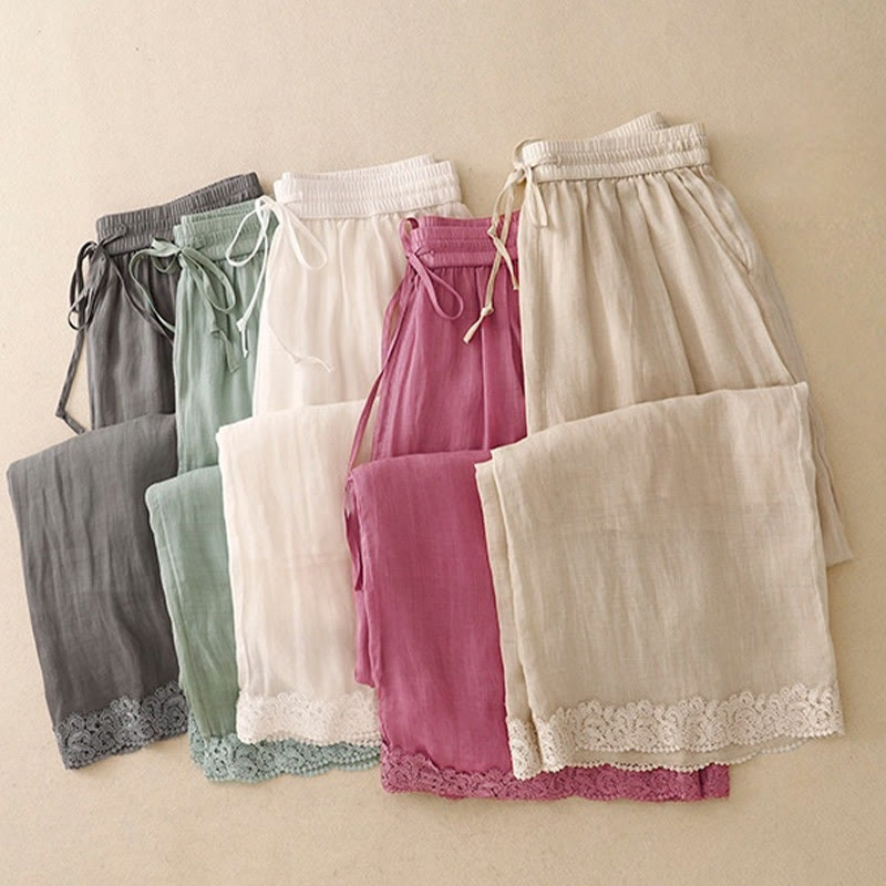 Buddha Stones Causal Vintage Plain Drawstring Lace Patchwork Design Women's Wide Leg Cotton Elastic Waistband Pants With Pockets - image 20