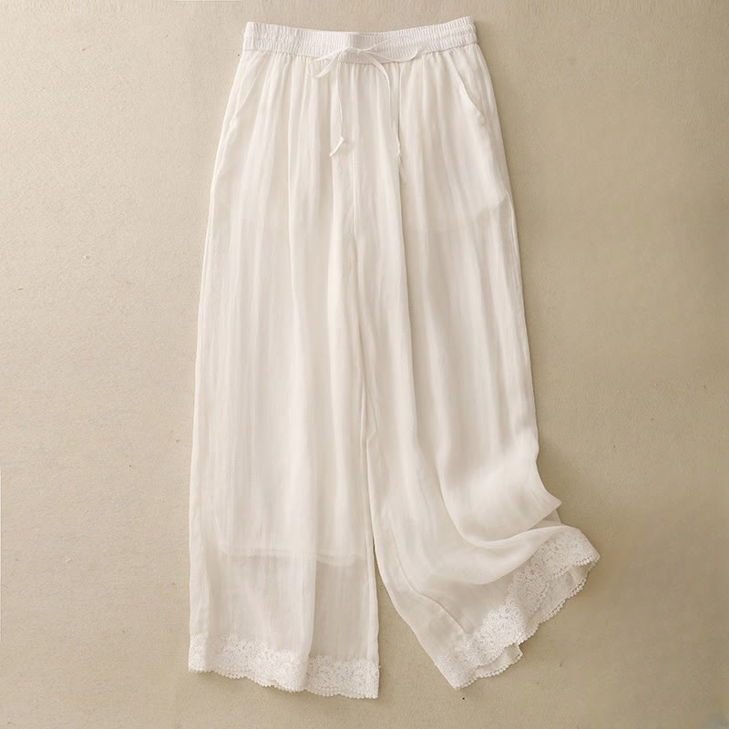 Buddha Stones Causal Vintage Plain Drawstring Lace Patchwork Design Women's Wide Leg Cotton Elastic Waistband Pants With Pockets - FloralWhite - US8-10,UK/AU12-14,EU40-42 (2XL) - image 17