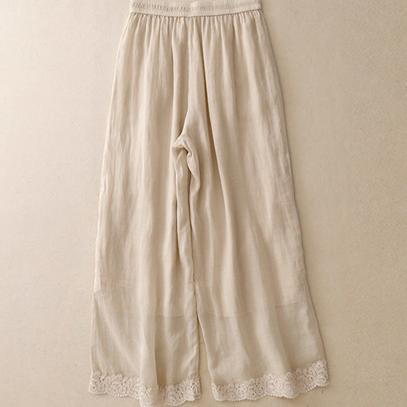 Buddha Stones Causal Vintage Plain Drawstring Lace Patchwork Design Women's Wide Leg Cotton Elastic Waistband Pants With Pockets - image 11