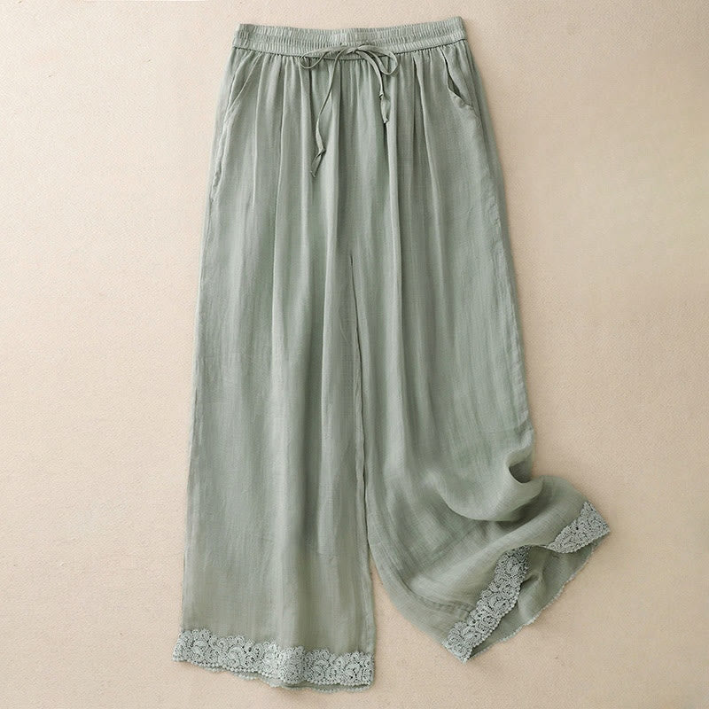 Buddha Stones Causal Vintage Plain Drawstring Lace Patchwork Design Women's Wide Leg Cotton Elastic Waistband Pants With Pockets - MediumAquamarine - US8-10,UK/AU12-14,EU40-42 (2XL) - image 0