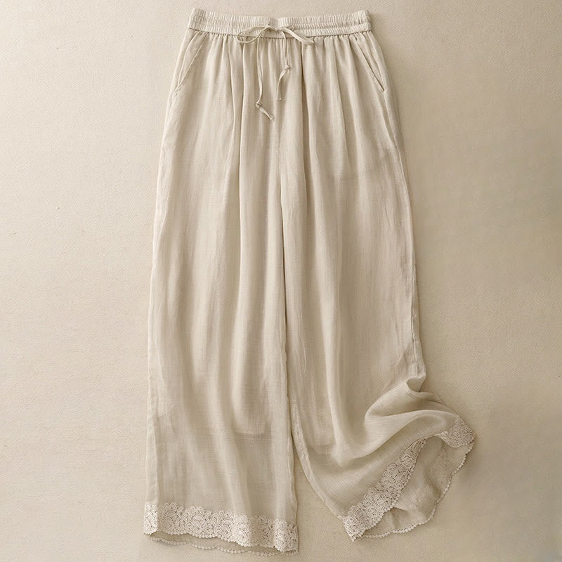 Buddha Stones Causal Vintage Plain Drawstring Lace Patchwork Design Women's Wide Leg Cotton Elastic Waistband Pants With Pockets - LightGoldenrodYellow - US8-10,UK/AU12-14,EU40-42 (2XL) - image 10