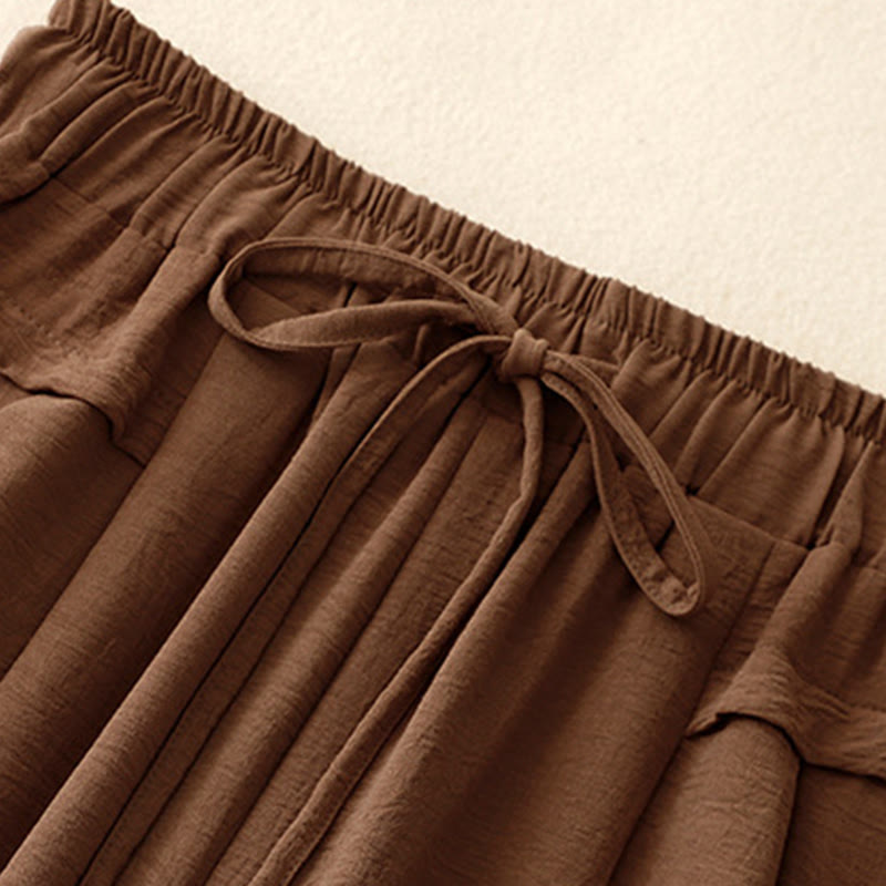 Foviel Causal Ethnic Simple Drawstring Design Women's Wide Leg Cropped Pants With Pockets