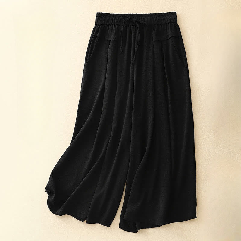 Foviel Causal Ethnic Simple Drawstring Design Women's Wide Leg Cropped Pants With Pockets