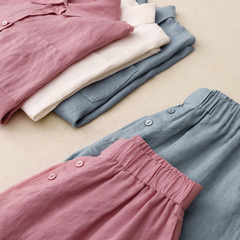 Foviel Sommer 2-teilig Einfarbig Lange Ärmel Hemd Top Shorts Meditation Kleidung Damen-Set mit Taschen