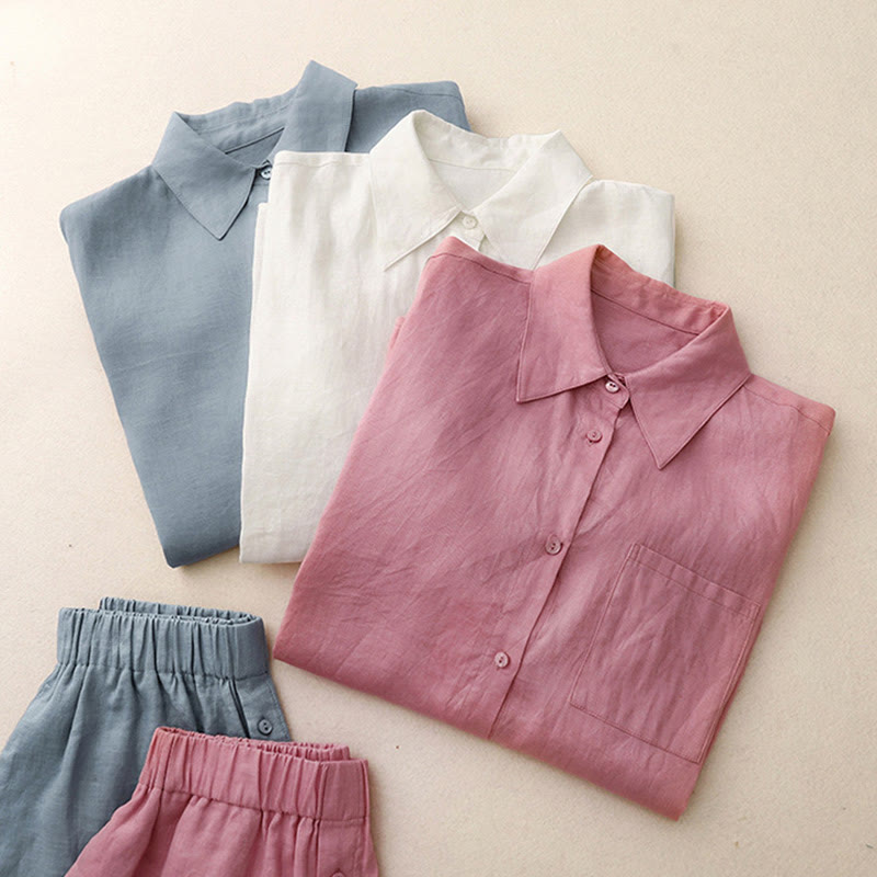 Foviel Sommer 2-teilig Einfarbig Lange Ärmel Hemd Top Shorts Meditation Kleidung Damen-Set mit Taschen