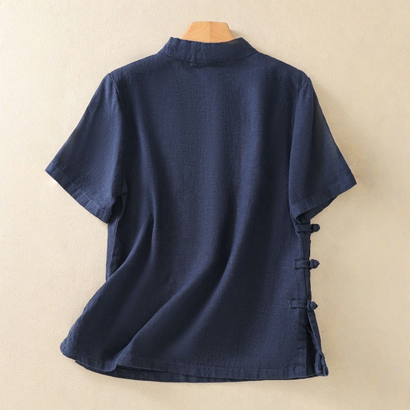 Buddha Stones Casual Plain Slant Stand Collar Collar Colorful Frog-Button Tang Suit Women's Cotton Linen Three Quarter Sleeve Shirt - image 1