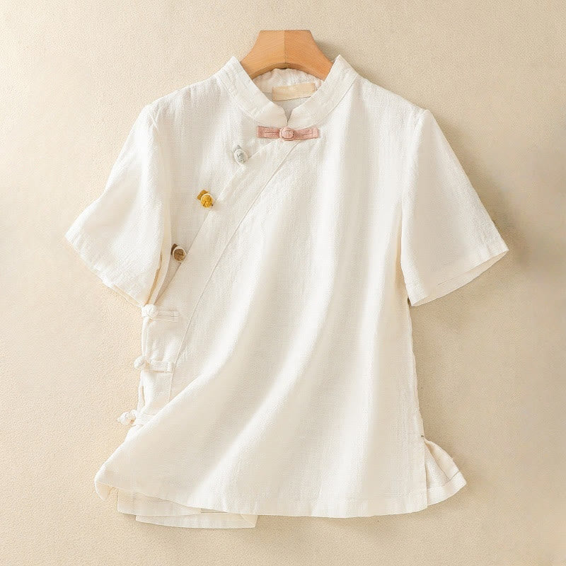 Buddha Stones Casual Plain Slant Stand Collar Collar Colorful Frog-Button Tang Suit Women's Cotton Linen Three Quarter Sleeve Shirt - Beige - US8-10,UK/AU12-14,EU40-42 (2XL) - image 7