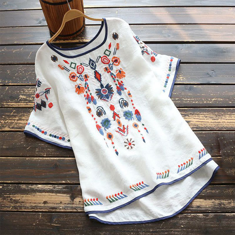 Buddha Stones Retro Artistic Embroidery Floral Pattern Crew Neck Women's Cotton Linen Short Sleeve T-Shirt - White - US14,UK/AU18,EU46 (4XL) - image 0