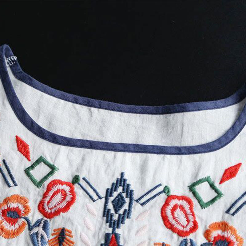 Buddha Stones Retro Artistic Embroidery Floral Pattern Crew Neck Women's Cotton Linen Short Sleeve T-Shirt - image 3