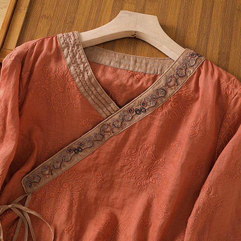 Foviel Summer Vintage Embroidery Plant Floral Lace-Up Design V-Neck Women's Cotton Linen Shirt