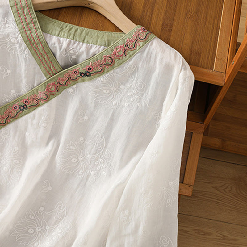 Foviel Summer Vintage Embroidery Plant Floral Lace-Up Design V-Neck Women's Cotton Linen Shirt