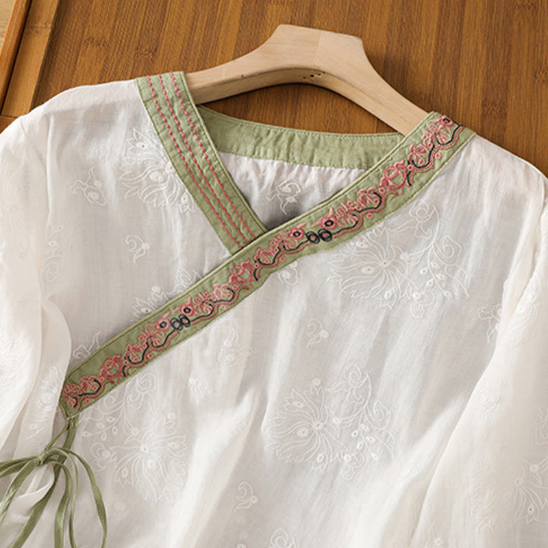 Foviel Summer Vintage Embroidery Plant Floral Lace-Up Design V-Neck Women's Cotton Linen Shirt