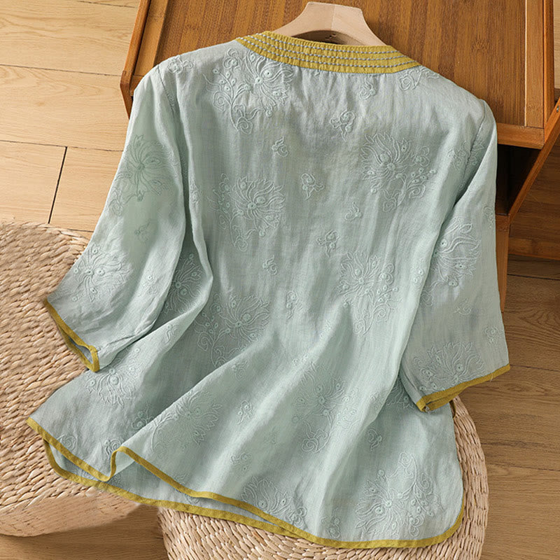 Foviel Summer Vintage Embroidery Plant Floral Lace-Up Design V-Neck Women's Cotton Linen Shirt