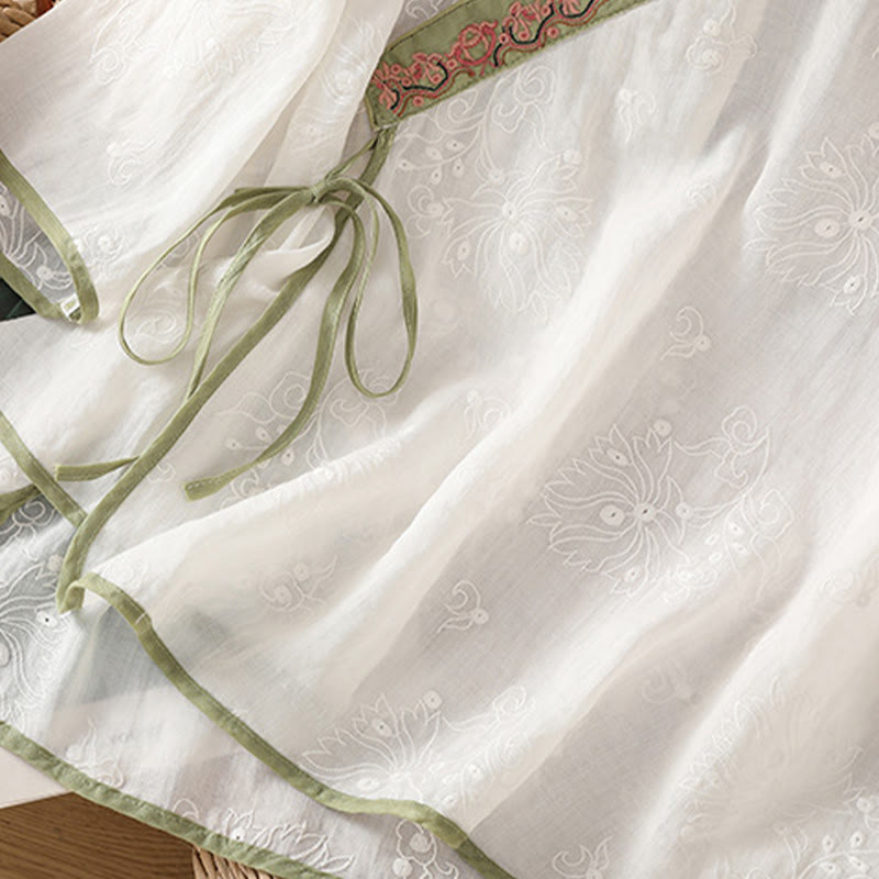 Foviel Summer Vintage Embroidery Plant Floral Lace-Up Design V-Neck Women's Cotton Linen Shirt