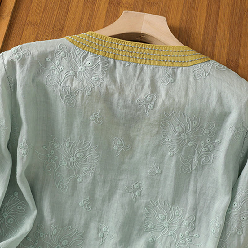 Foviel Summer Vintage Embroidery Plant Floral Lace-Up Design V-Neck Women's Cotton Linen Shirt