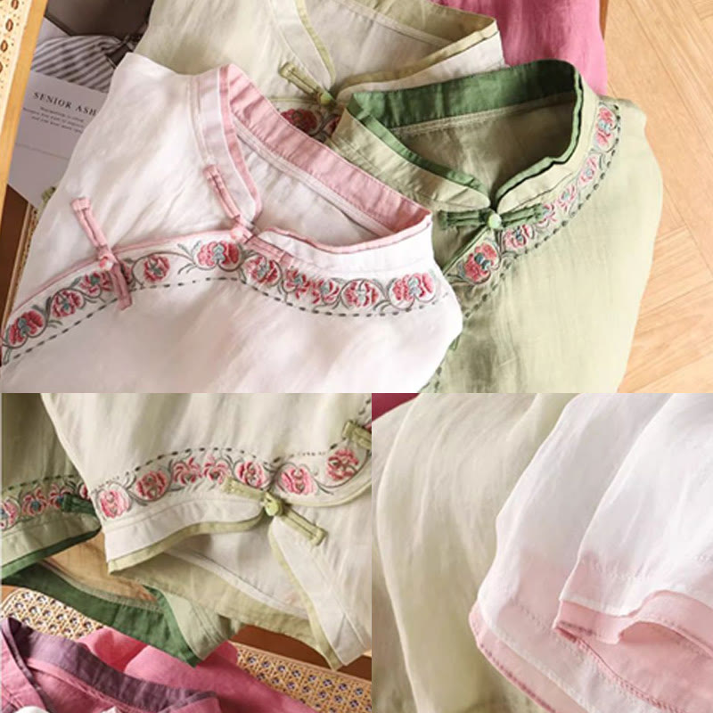 Foviel Vintage Zen Stickerei Pflanze Floral Muster Chinesisch Frog-Button Design Dreiviertel Ärmel Damen Baumwolle Leinen Hemd